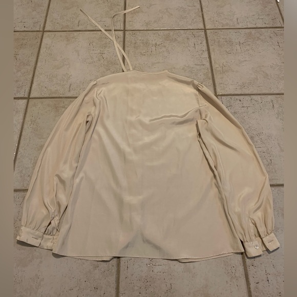 Vintage Cream Satin-Like Blouse with Pin Tucks | Puffy Sleeves | Medium - Picture 4 of 5